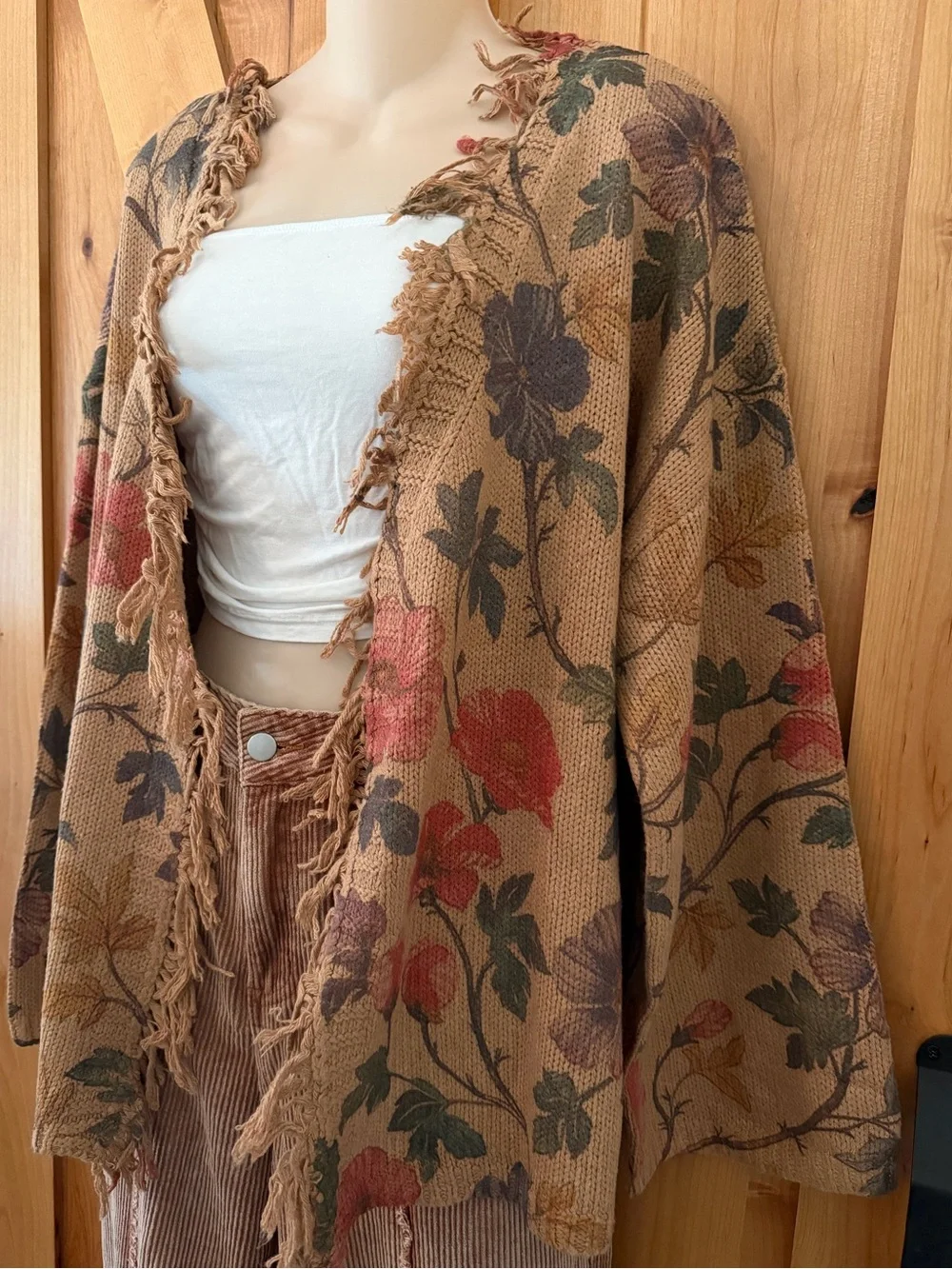 POL Floral Print Fringe Open Cardigan Boho Cottagecore Oversized Sweater L